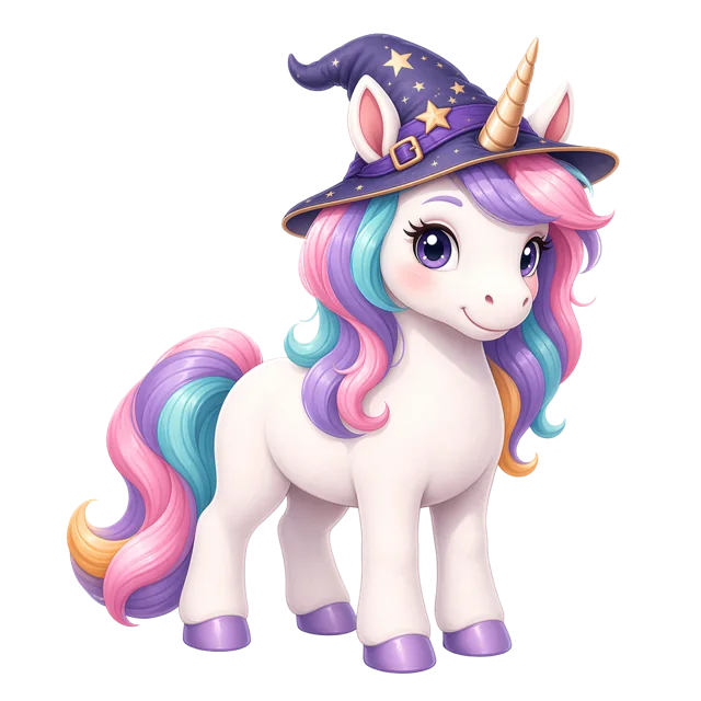 Muhan’s unicorn wearing a purple wizard hat with golden stars.