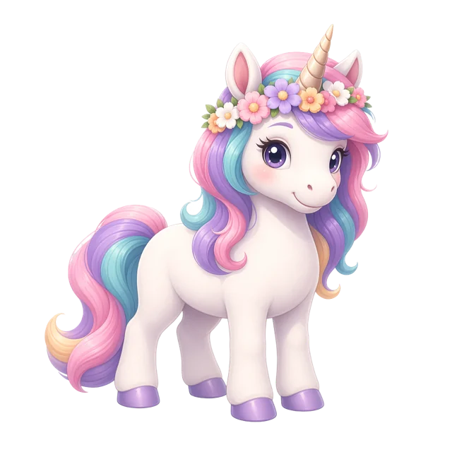 A friendly rainbow-maned unicorn wearing a flower crown waits in Muhan’s sunset garden.
